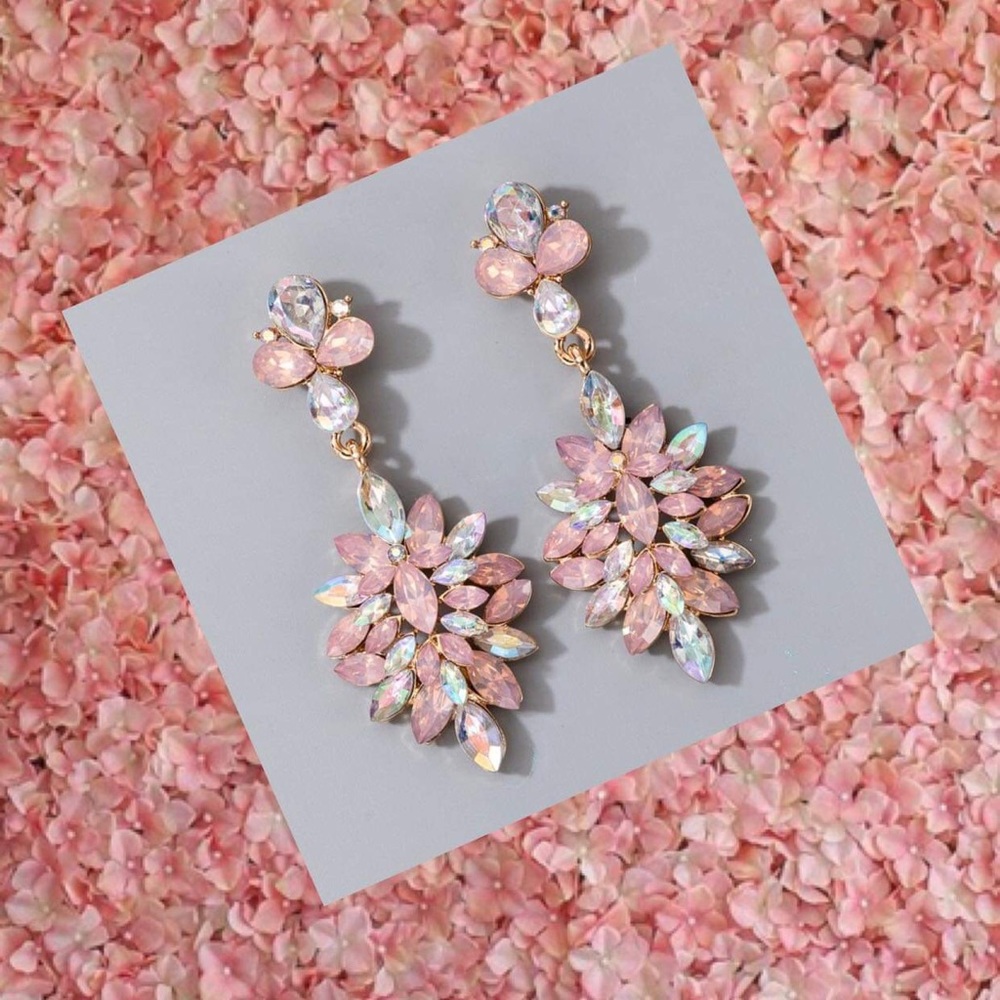 Pink & Gold Floral Rhinestone Statement Earrings